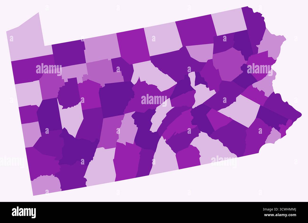 Mappa della Pennsylvania con le contee. Solo una semplice mappa del confine di stato con la divisione della contea. Tavolozza dei colori viola. Illustrazione Vettoriale