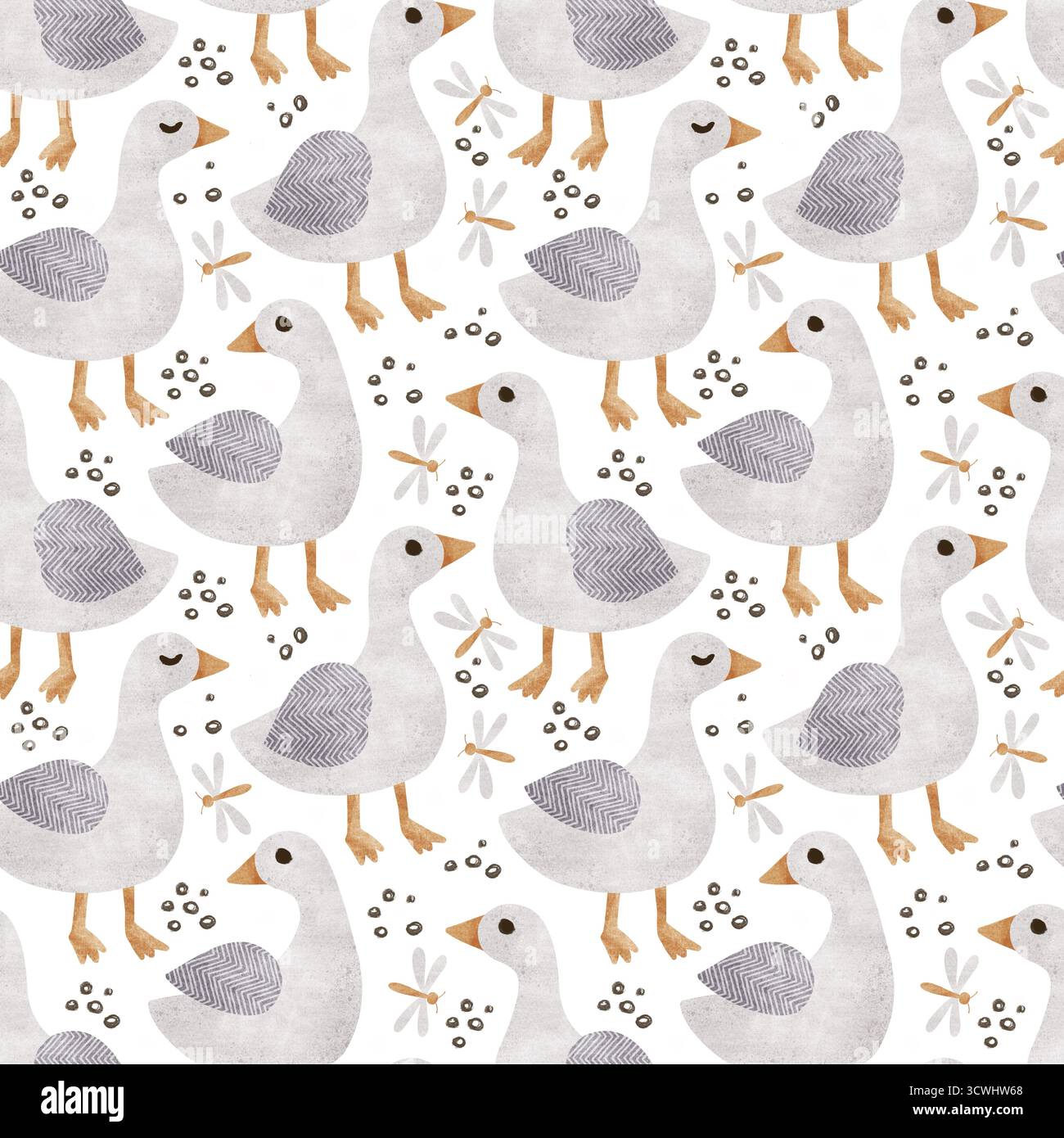 Motivo senza cuciture di oche acquerello in stile cartoni animati con libellula su sfondo bianco Foto Stock