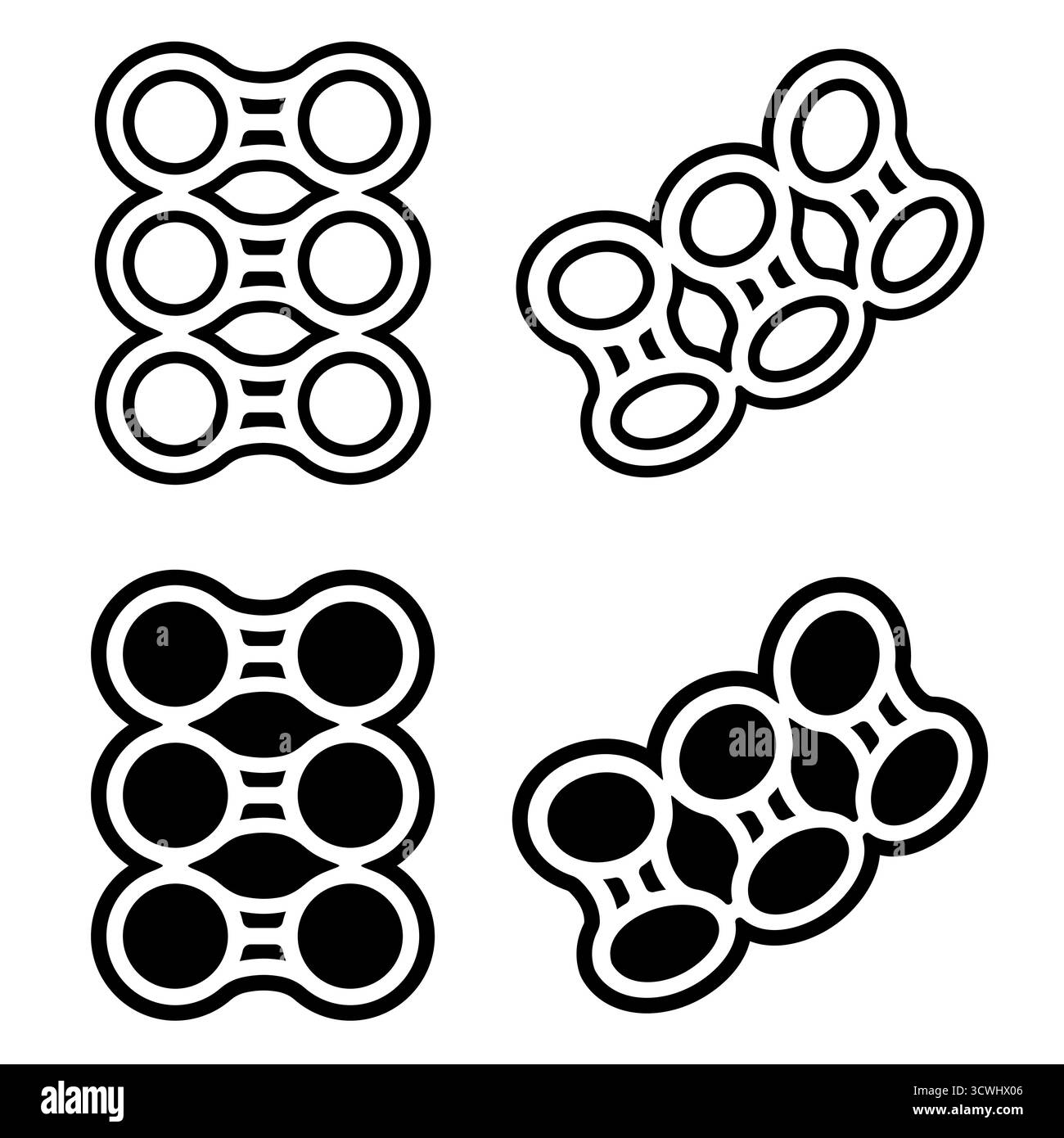 Set da sei anelli per cartoni animati, supporto per lattine in plastica. Illustrazione della clipart vettoriale, semplice icona in bianco e nero. Illustrazione Vettoriale