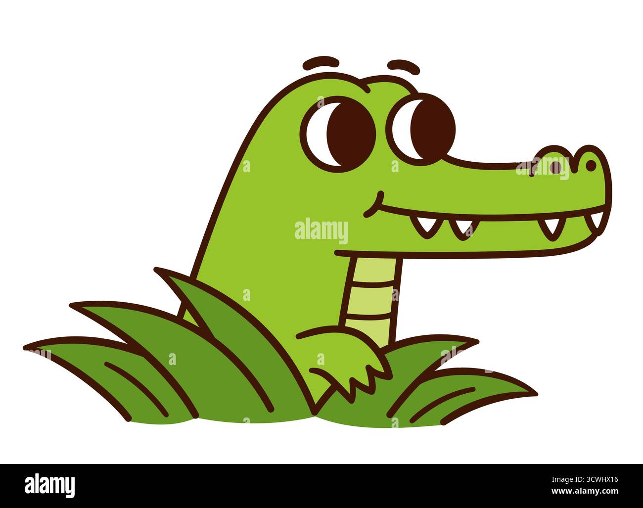 Carino disegno a coccodrillo dei cartoni animati, divertente alligatore che sbircia dal verde. Semplice illustrazione vettoriale disegnata a mano. Illustrazione Vettoriale