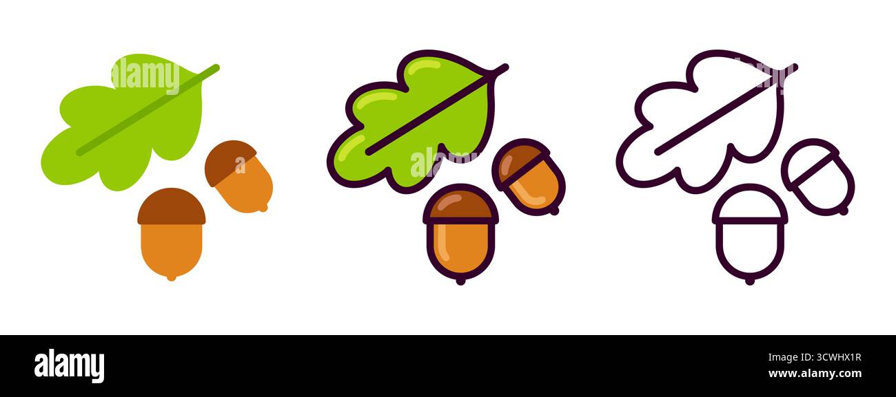 Simbolo della quercia, foglia di quercia e ghianda. Icona della linea in bianco e nero, disegno a colori e a cartoni animati. Semplice illustrazione grafica a clip vettoriale. Illustrazione Vettoriale