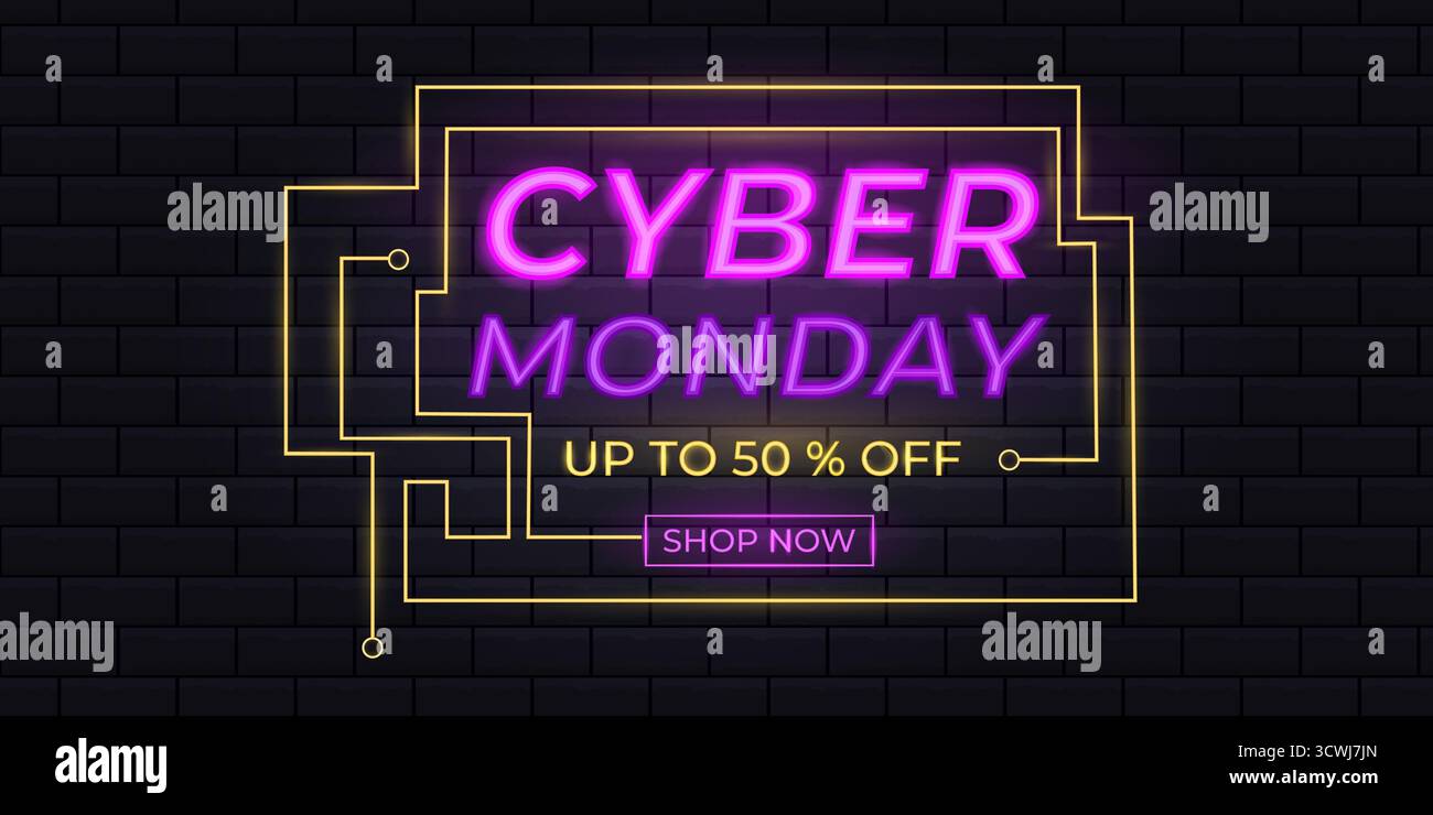 Striscione al neon Cyber Monday con cornice luminosa e sfondo in mattoni. Illustrazione Vettoriale