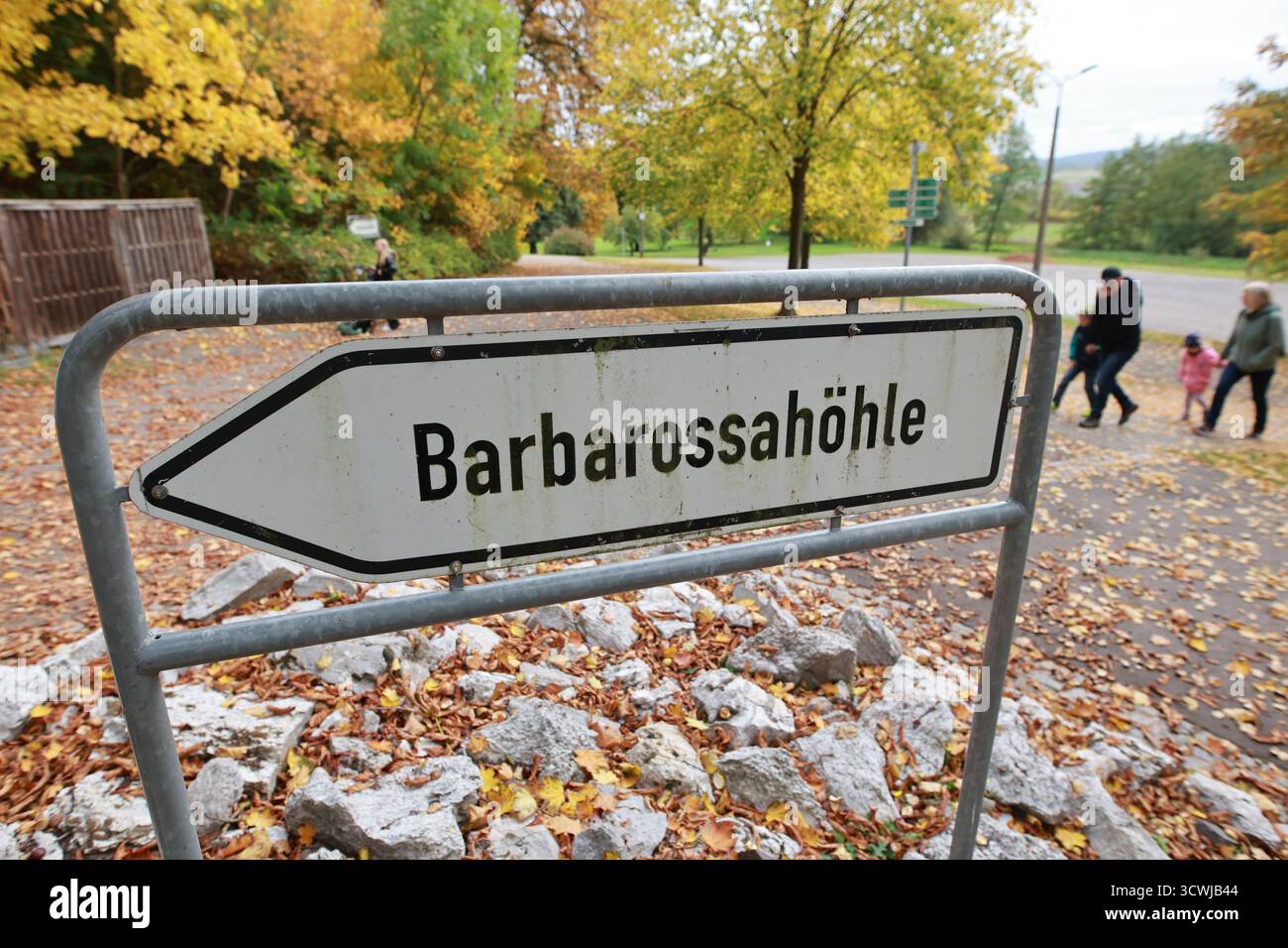 Turingia, Germania. 12 ottobre 2025, Turingia, Kyffhäuserland: Veduta di un indizio sulla grotta Barbarossa. Mondi mistici di luce incantano i visitatori della grotta Barbarossa. L'intera meraviglia naturale si presenta ai suoi ospiti in un bagliore mistico molto speciale nelle prossime settimane fino al 02.11.25. Gli artisti di luce del "mondo delle luci" hanno implementato il tema di Halloween nel regno sotterraneo dell'imperatore Barbarossa. Oggetti di luce creati appositamente trasformano la grotta di 15.000 m² in un'enorme galleria d'arte naturale e, in questo caso, terrificante. Foto: Matthias Bein/dpa credito: dpa Picture Alliance/Ala Foto Stock