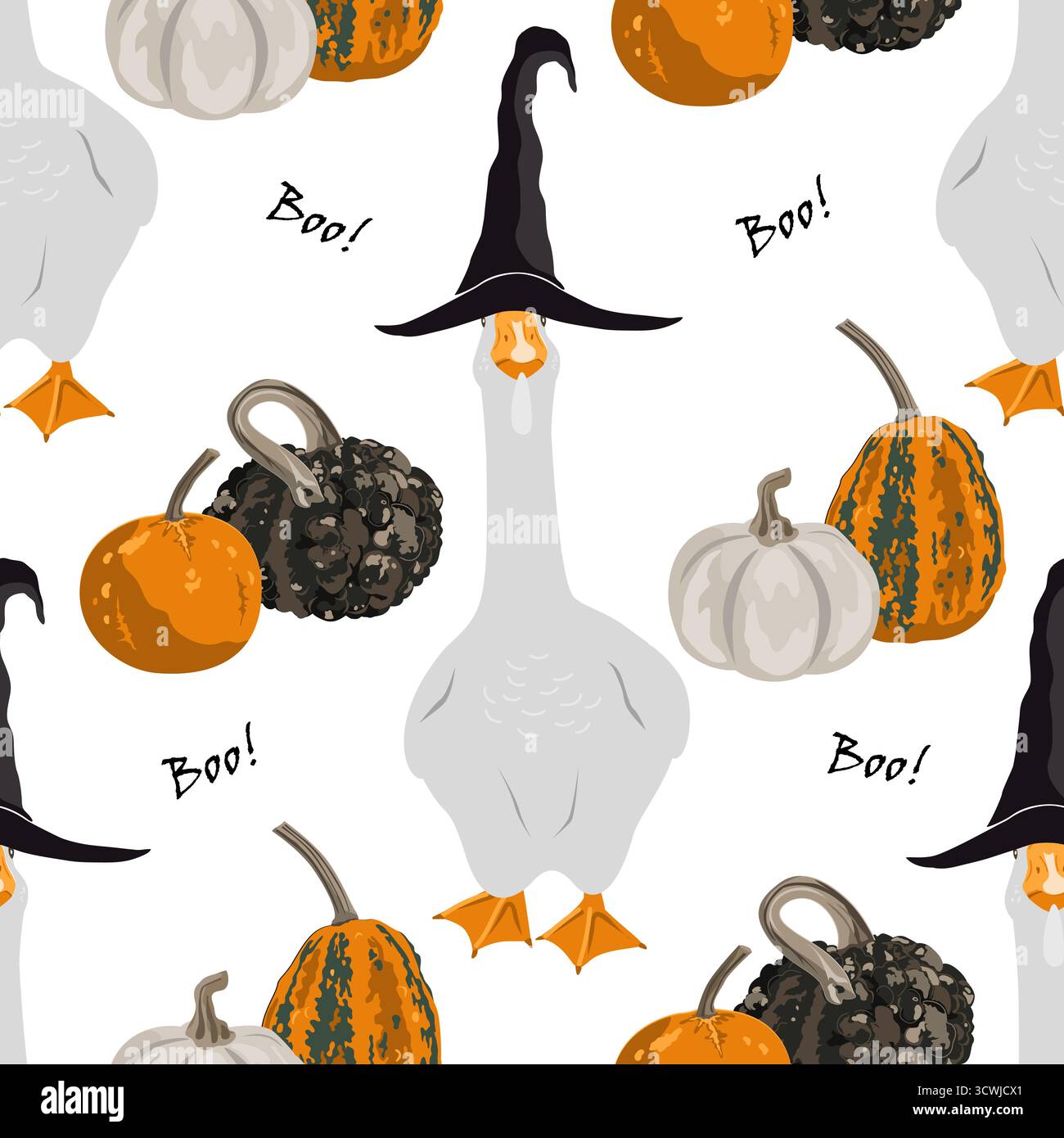 Motivo senza cuciture con zucche e graziosa oca in un cappello da strega. Sfondo di Halloween, illustrazione vettoriale. Illustrazione Vettoriale