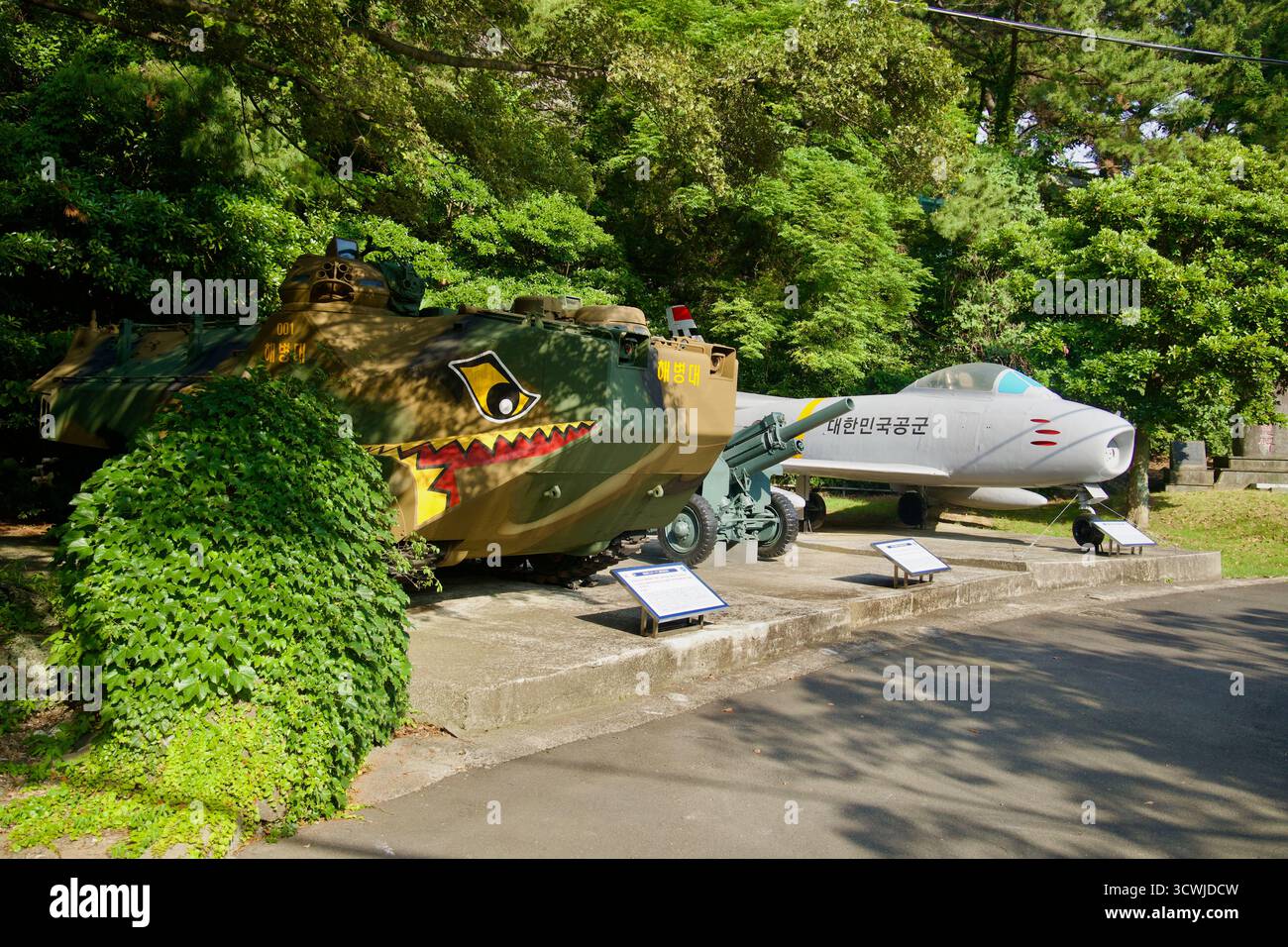 Un veicolo corazzato anfibio dipinto con denti di squalo e un piccolo jet fighter si trova su plinti all'aperto all'ingresso della Jeju Unification Hall, fram Foto Stock