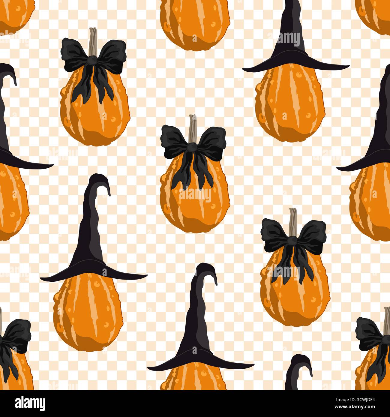 Incantevoli zucche autunnali con fiocchi neri legati e cappelli da streghe su sfondo a scacchi. Halloween senza cuciture. Illustrazione vettoriale Illustrazione Vettoriale