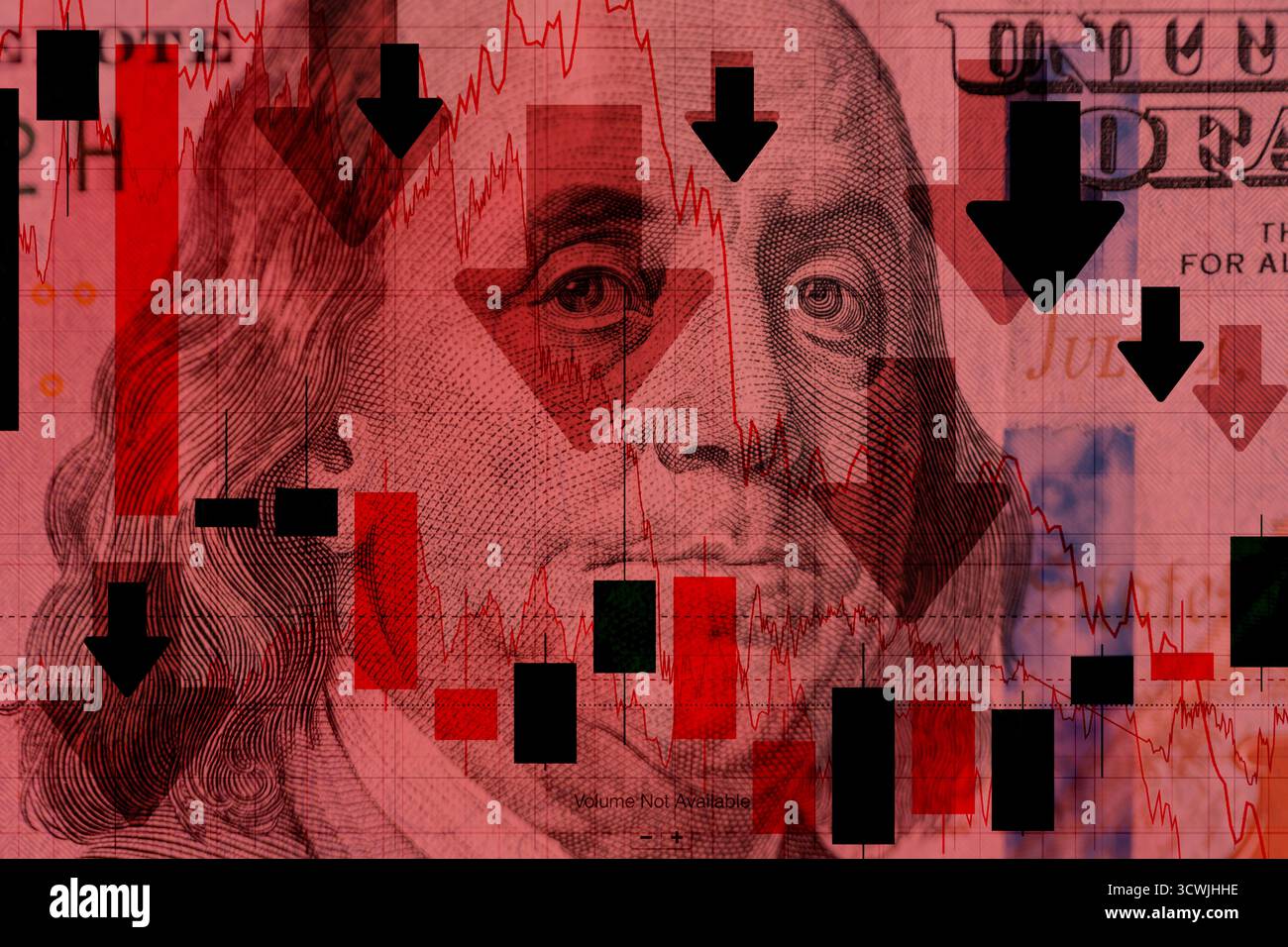 Dollaro americano con tabelle e grafici rossi, caduta e collasso del mercato, concetto. Crisi mondiale, idea creativa. Dollaro STATUNITENSE sullo sfondo di Una decl Foto Stock