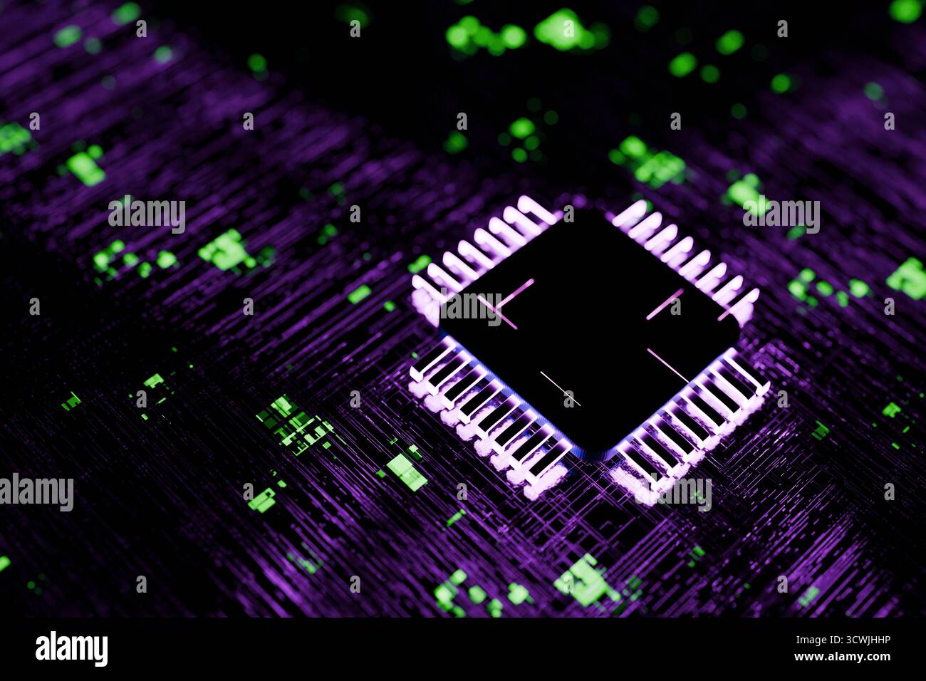 Processore Quantum Briwing CPU su Una scheda madre, concetto. INTELLIGENZA ARTIFICIALE e tecnologie moderne, idea creativa. Cyber background con conduttori in silicio. Foto Stock