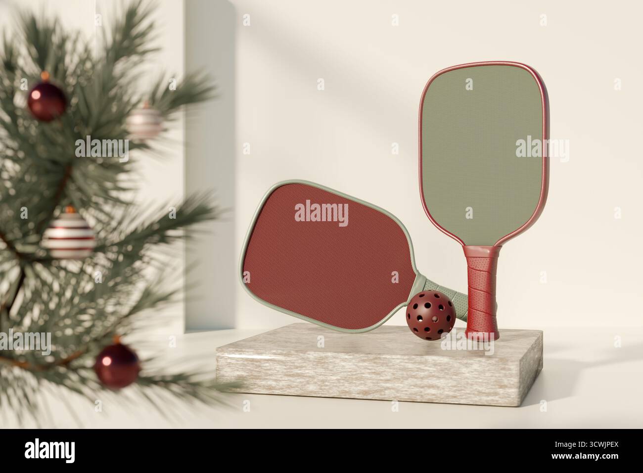 Due pagaie da picchetto e palla esposte con ornamenti natalizi e decorazioni con rami di pino. rendering 3d. Foto Stock
