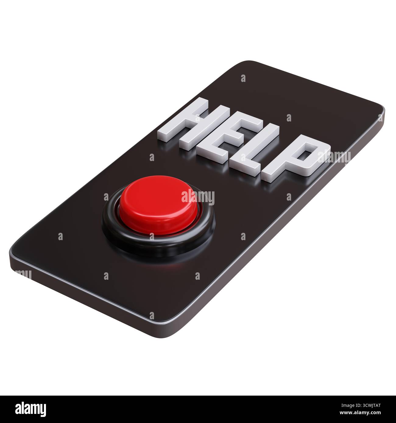 GUIDA e pulsante rosso su un telefono cellulare isolato su bianco, chiamata di emergenza, concetto 911, rendering 3d. Foto Stock