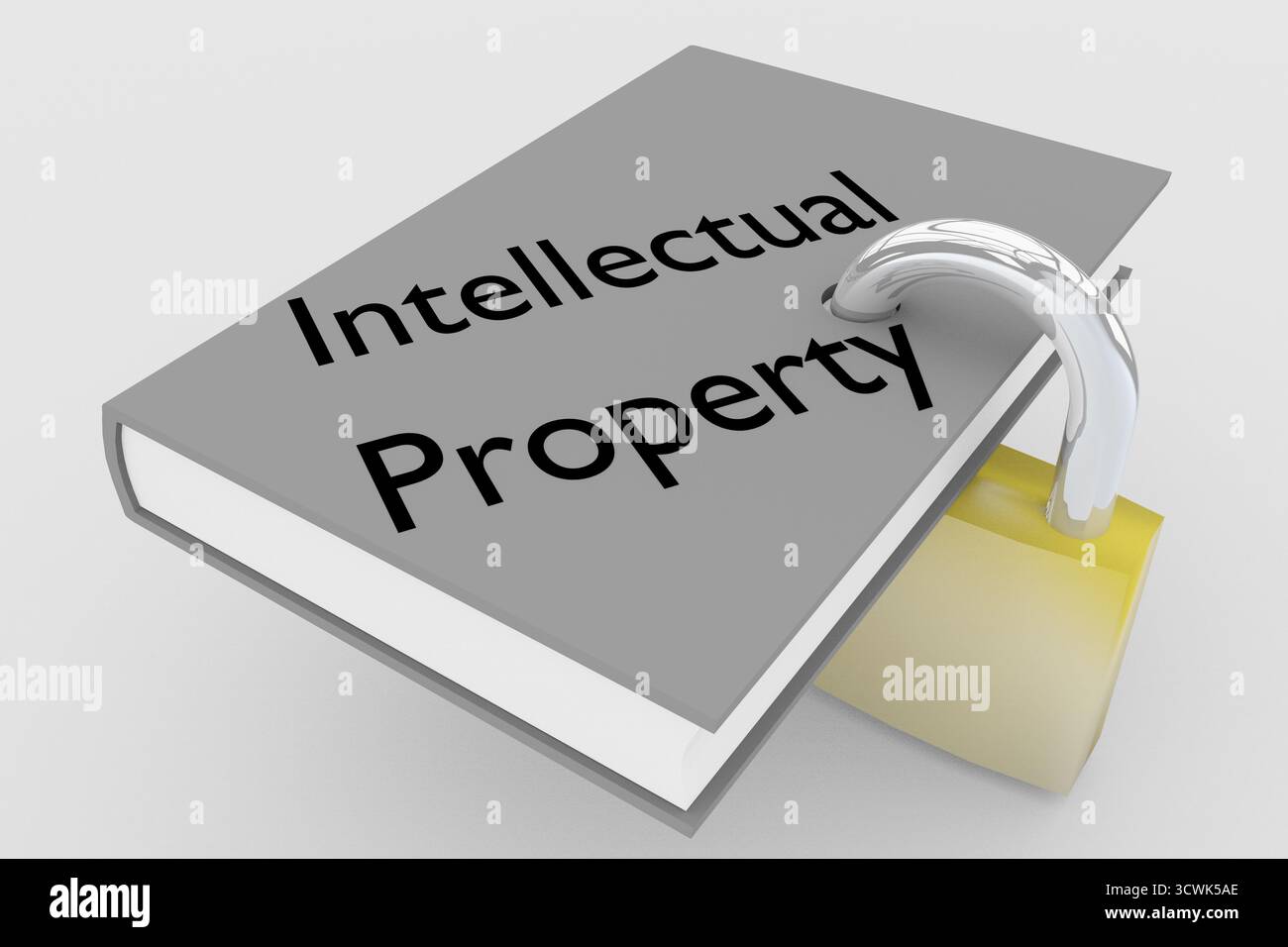 Illustrazione 3D di uno script di proprietà intellettuale su un libro, isolato in grigio. Il libro è simbolicamente bloccato da un lucchetto. Foto Stock