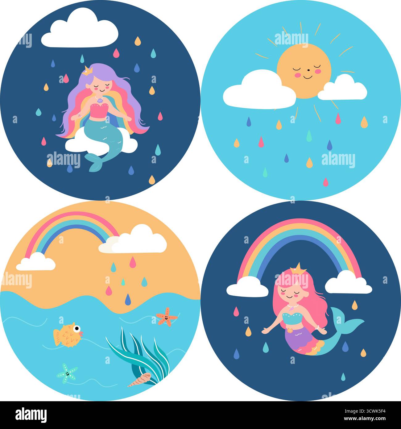 Adesivi vettoriali con simpatiche sirene, arcobaleno, mare, pesci, nuvole, sole e gocce di pioggia in composizioni rotonde. Design luminoso e divertente per decorazioni, tessuti, adesivi e stampe per bambini. Illustrazione Vettoriale