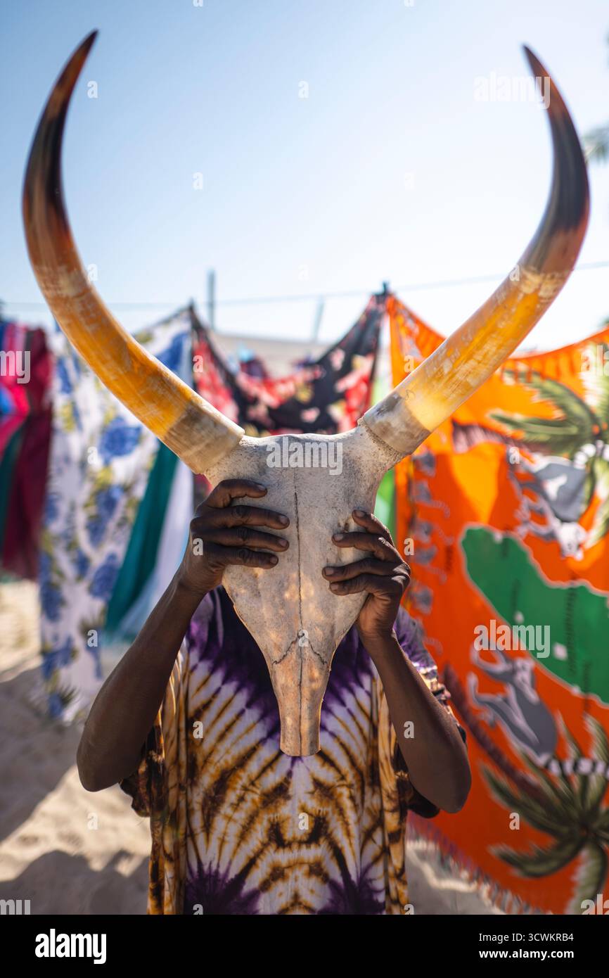 Una donna malgascia tiene un teschio zebu davanti al viso, come se lo indossasse come una maschera. In Madagascar, lo zebu - un bestiame humped - è un animale sacro Foto Stock