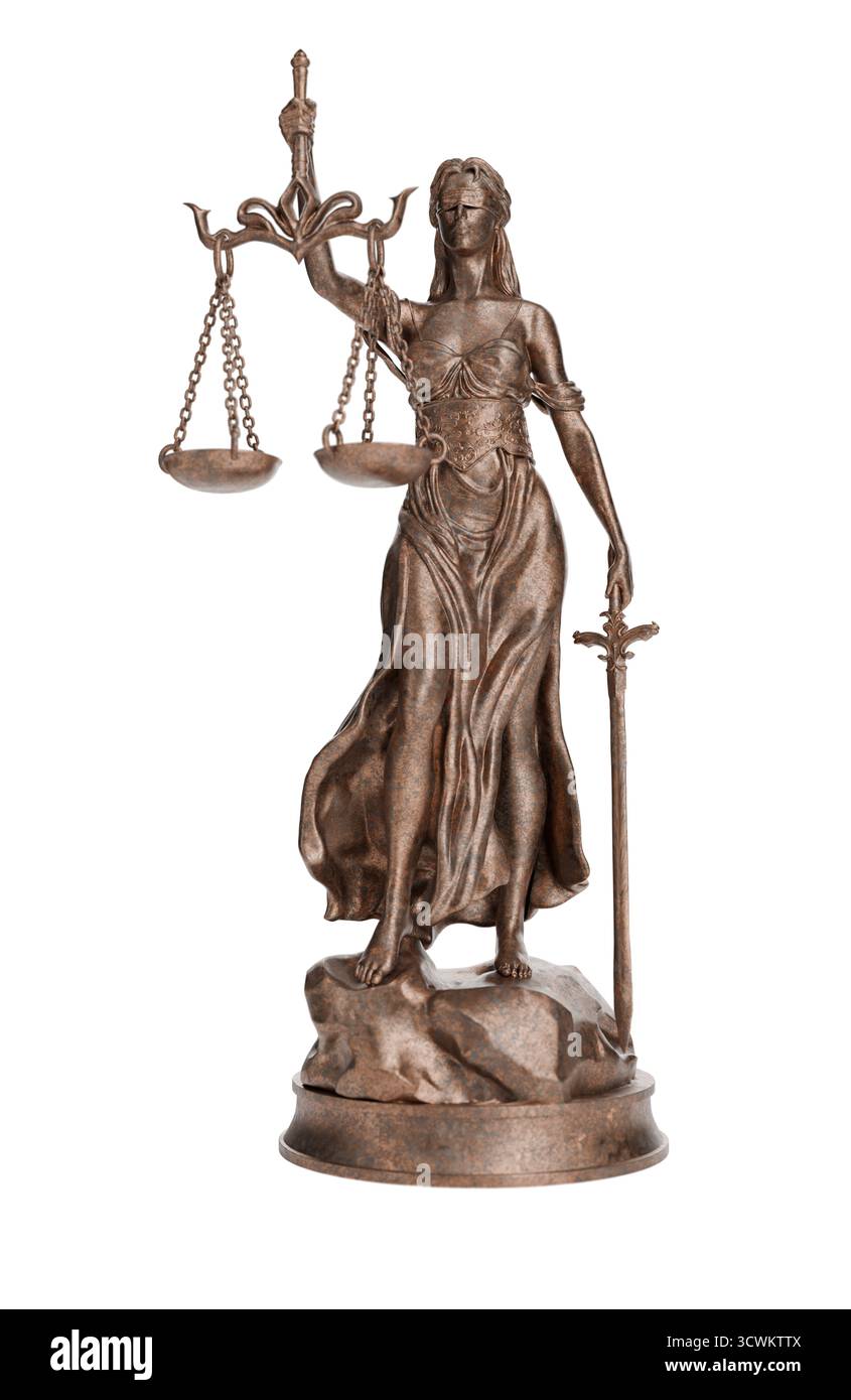 Statua bronzea della Signora della giustizia isolata su sfondo bianco. Foto Stock