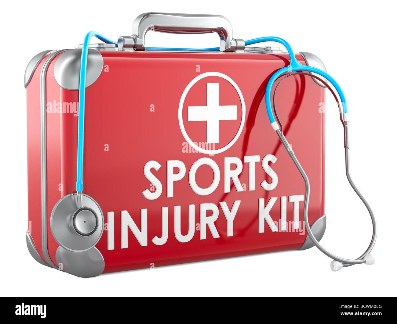 Kit per infortuni sportivi, cassetta di pronto soccorso rossa. Rendering 3D isolato su sfondo bianco Foto Stock