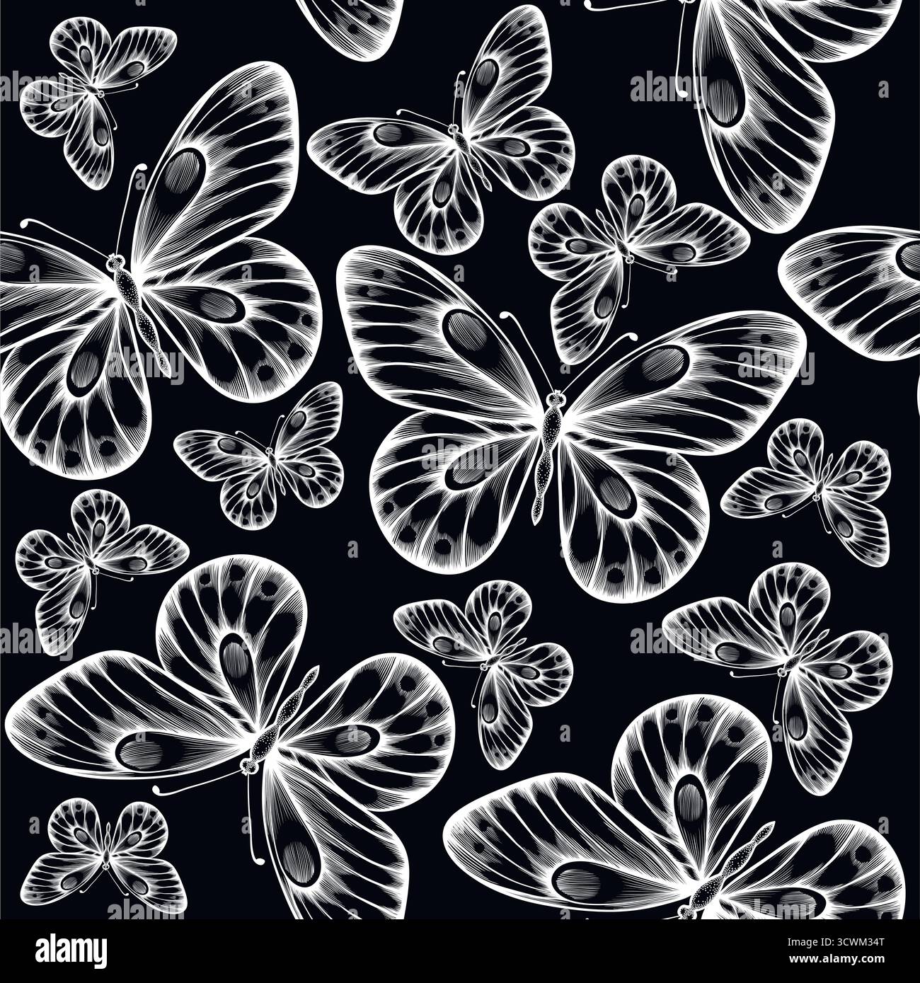 splendido sfondo bianco e nero monocromatico senza cuciture con farfalle volanti Illustrazione Vettoriale