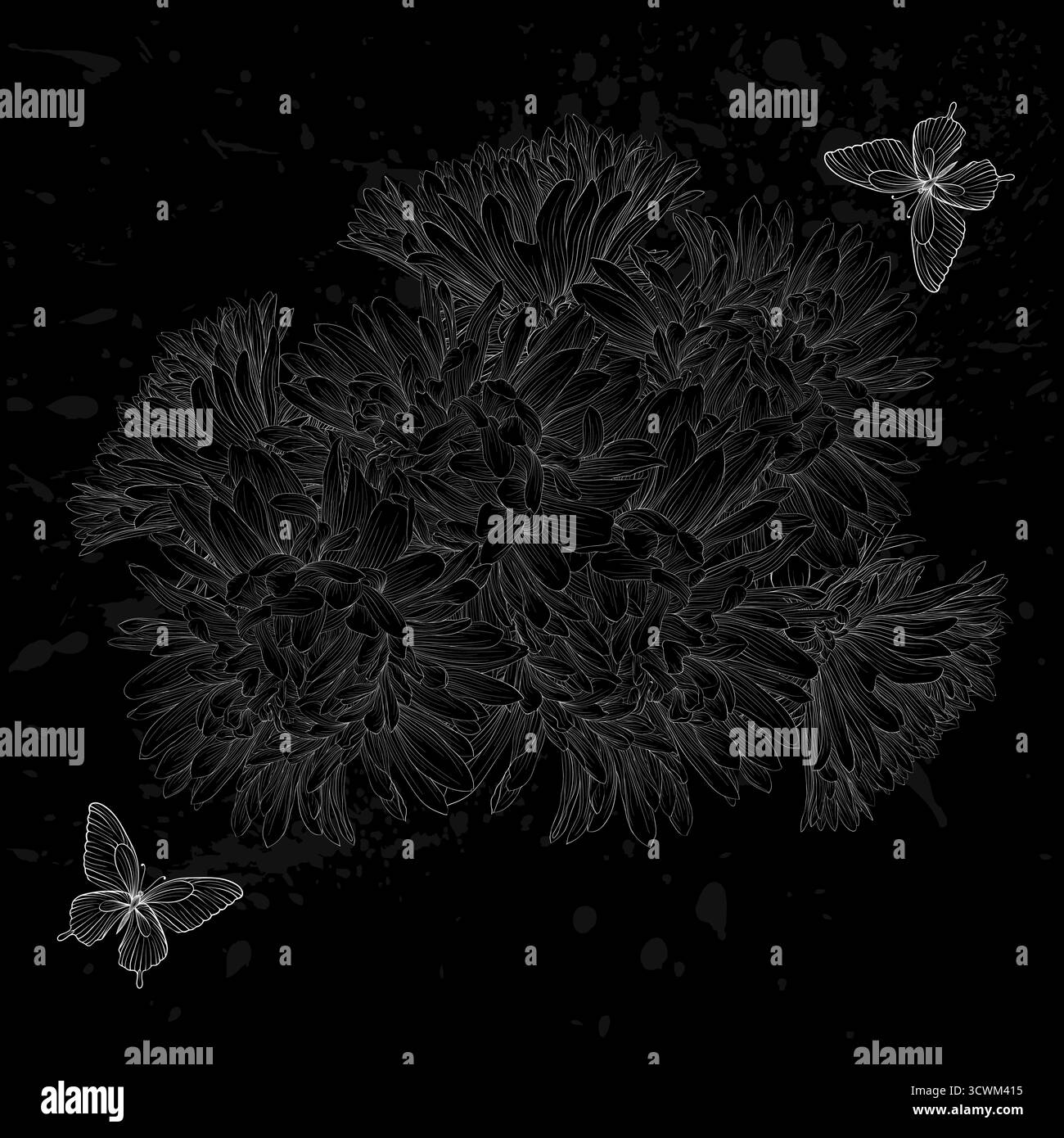 Splendido sfondo bianco e nero monocromatico con fiori e farfalle. Illustrazione Vettoriale