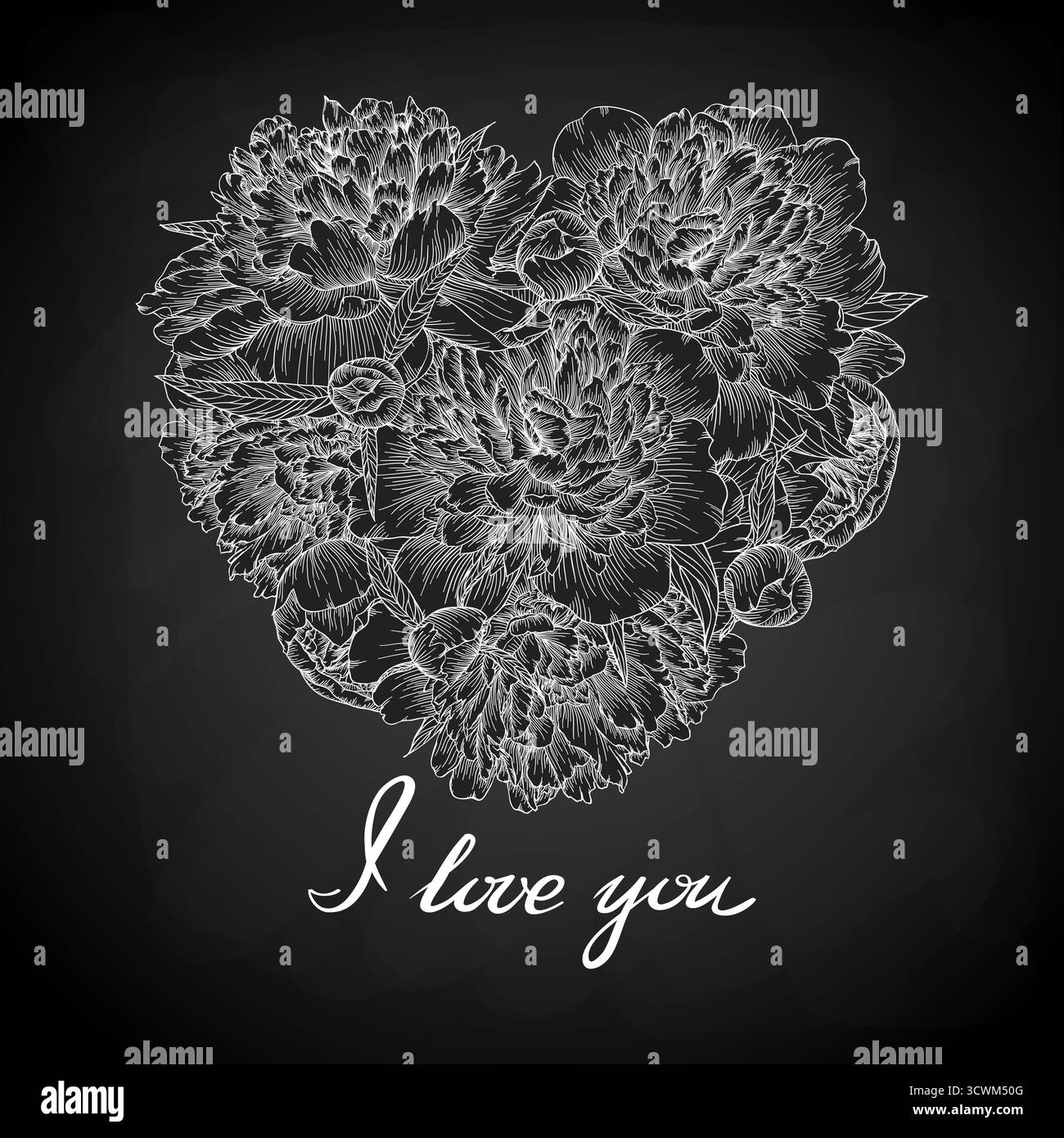 cuore bianco e nero decorato da fiori di peonia. Ti amo. Illustrazione Vettoriale