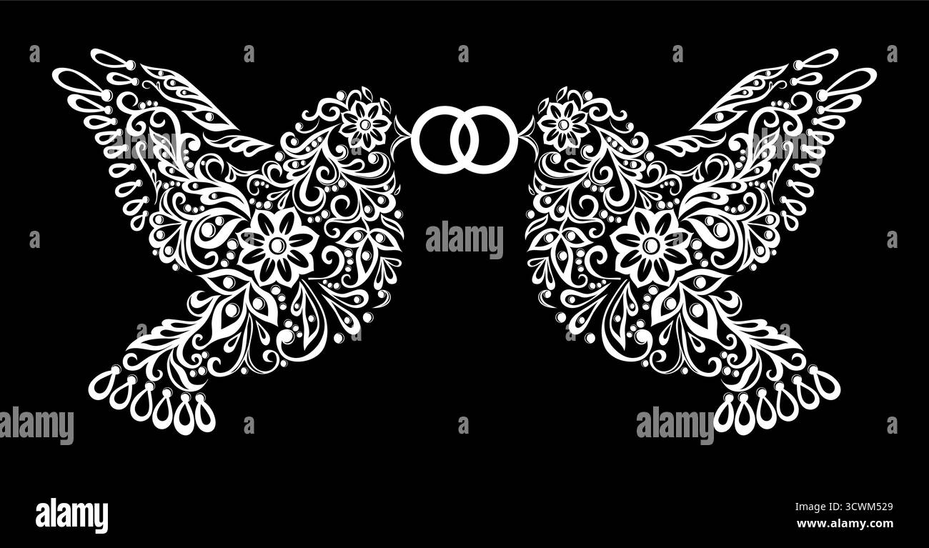 splendida silhouette monocromatica in bianco e nero di due uccelli che tengono l'anello isolato. Ti amo Illustrazione Vettoriale