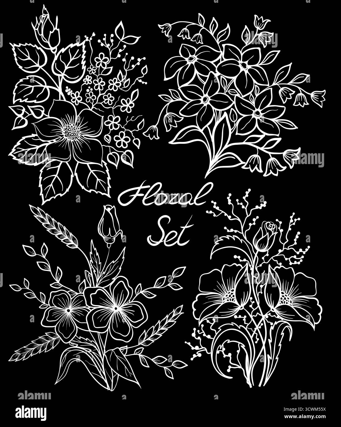 splendida collezione floreale monocromatica in bianco e nero con foglie e fiori Illustrazione Vettoriale