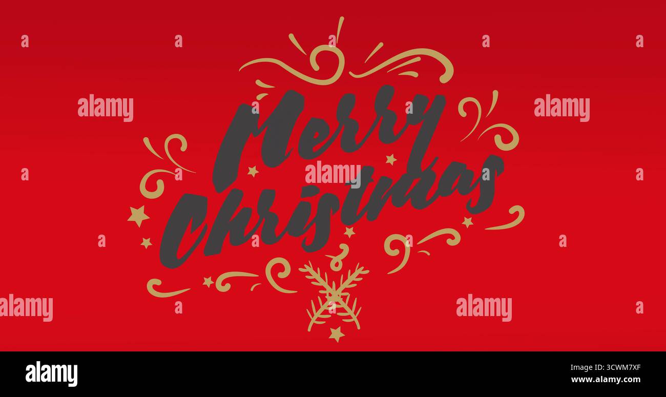 Buon Natale immagine testuale con elementi decorativi su sfondo rosso Foto Stock