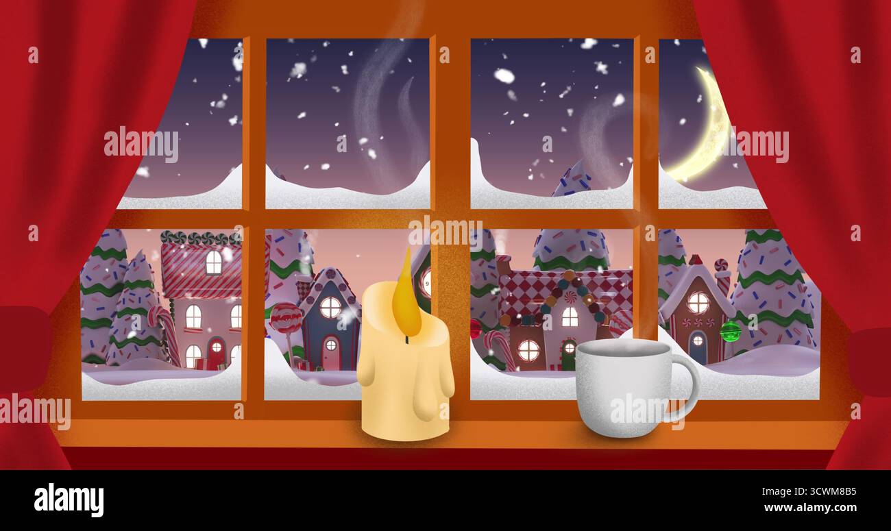 Candelabro e tazza di caffè bruciati sulla cornice della finestra contro la neve che cade sul paesaggio invernale Foto Stock