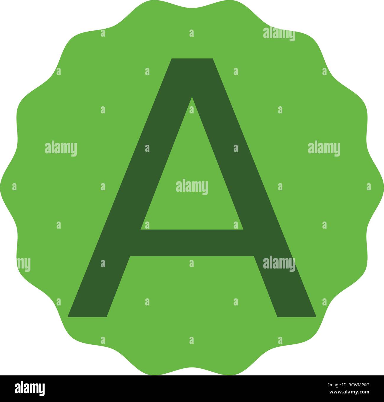 Lettera verde A cerchio verde chiaro interno – moderno design alfabetico vettoriale. Elegante lettera A verde posizionata all'interno di una morbida cornice circolare verde chiaro. Illustrazione Vettoriale