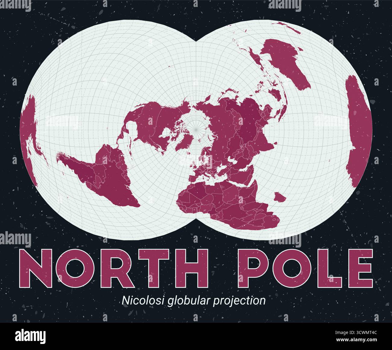 Polo Nord. Mappa del mondo. Proiezione globulare Nicolosi centrata sul Polo Nord. Pallido Mint Dark Pink (Rosa scuro). Texture vintage. Eccezionale illustrazione vettoriale. Illustrazione Vettoriale