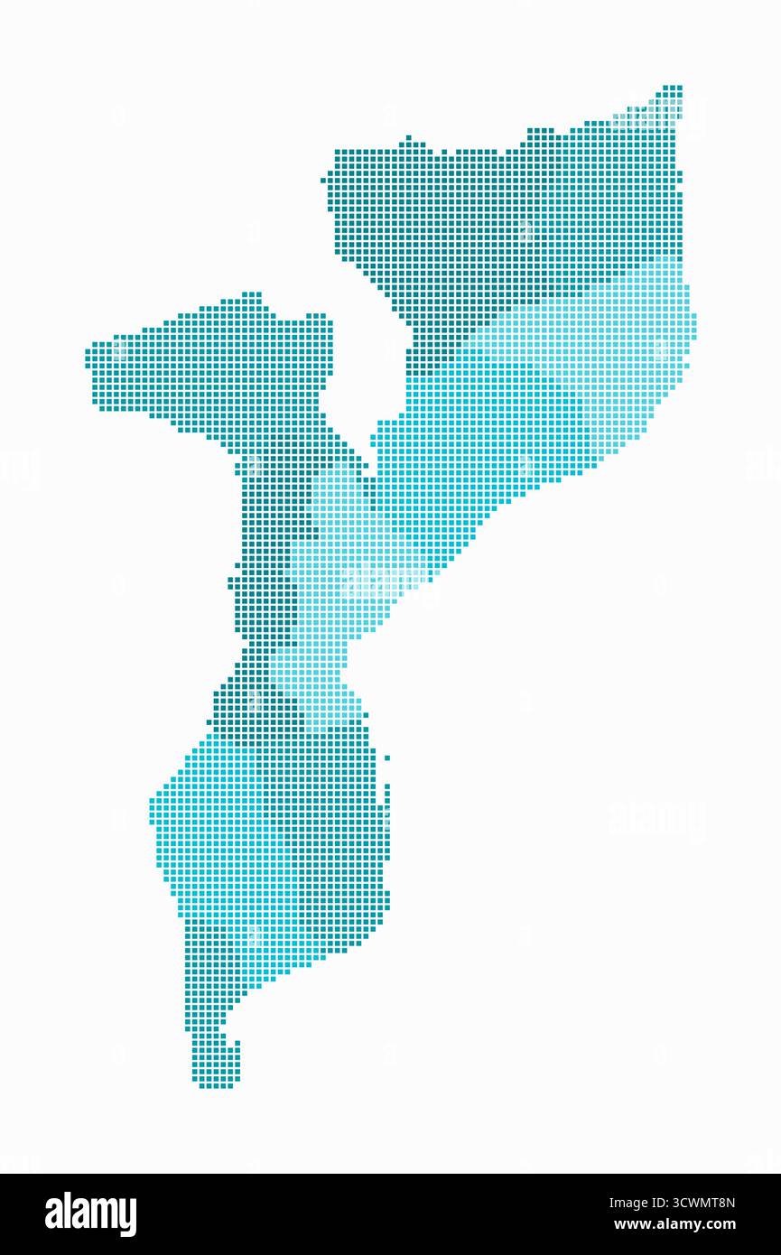 Mappa punteggiata del Mozambico. Mappa digitale del paese su sfondo bianco. Forma mozambica con punti quadrati. Stile puntini colorati. Illustrazione Vettoriale