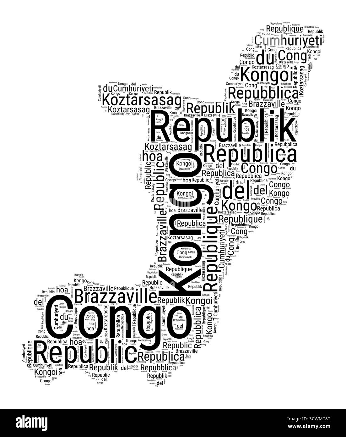 Nuvola di parole in bianco e nero a forma di Congo. Semplice illustrazione del paese in stile tipografico. Nuvola di testo nero Congo su sfondo bianco. Illustrazione Vettoriale
