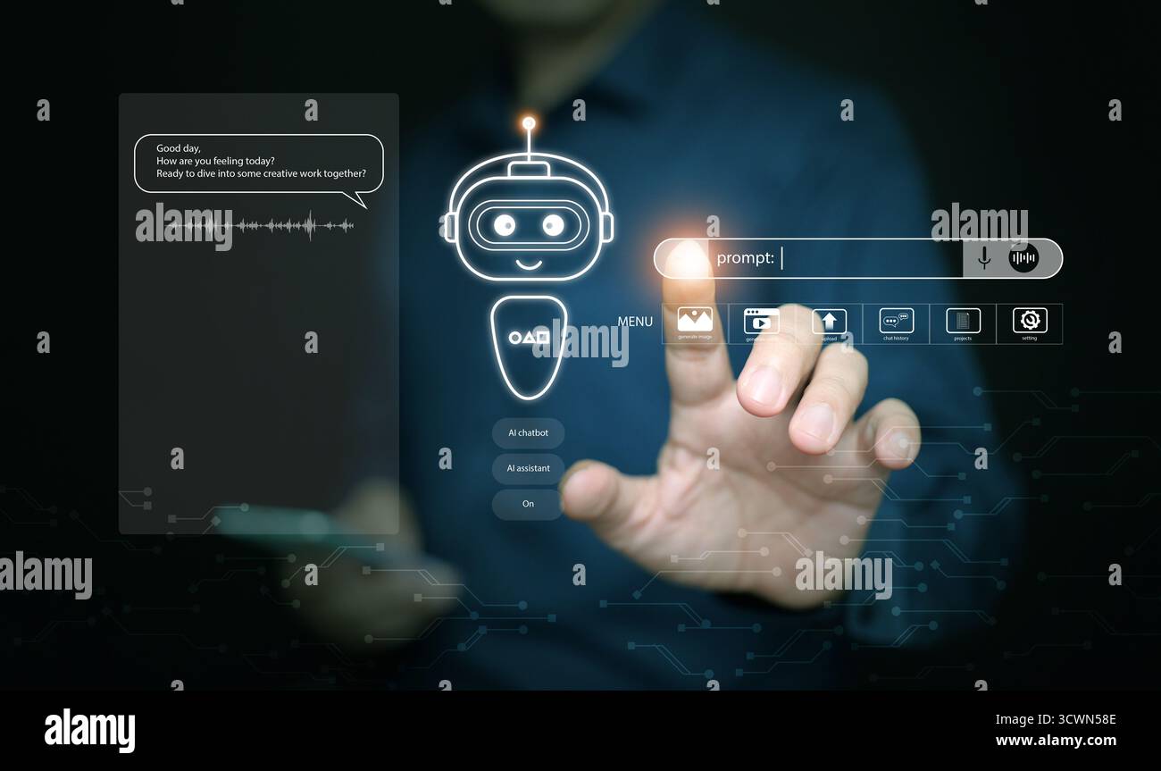 Uomo d'affari che interagisce con l'ologramma chatbot ai tramite interfaccia virtuale, che rappresenta assistente digitale intelligente, automazione e ronzio futuristico Foto Stock