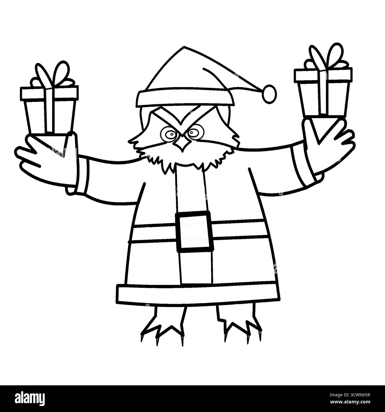 gufo di natale babbo natale vestito civetta celebrazione personaggio per bambini pagina colorazione Illustrazione Vettoriale