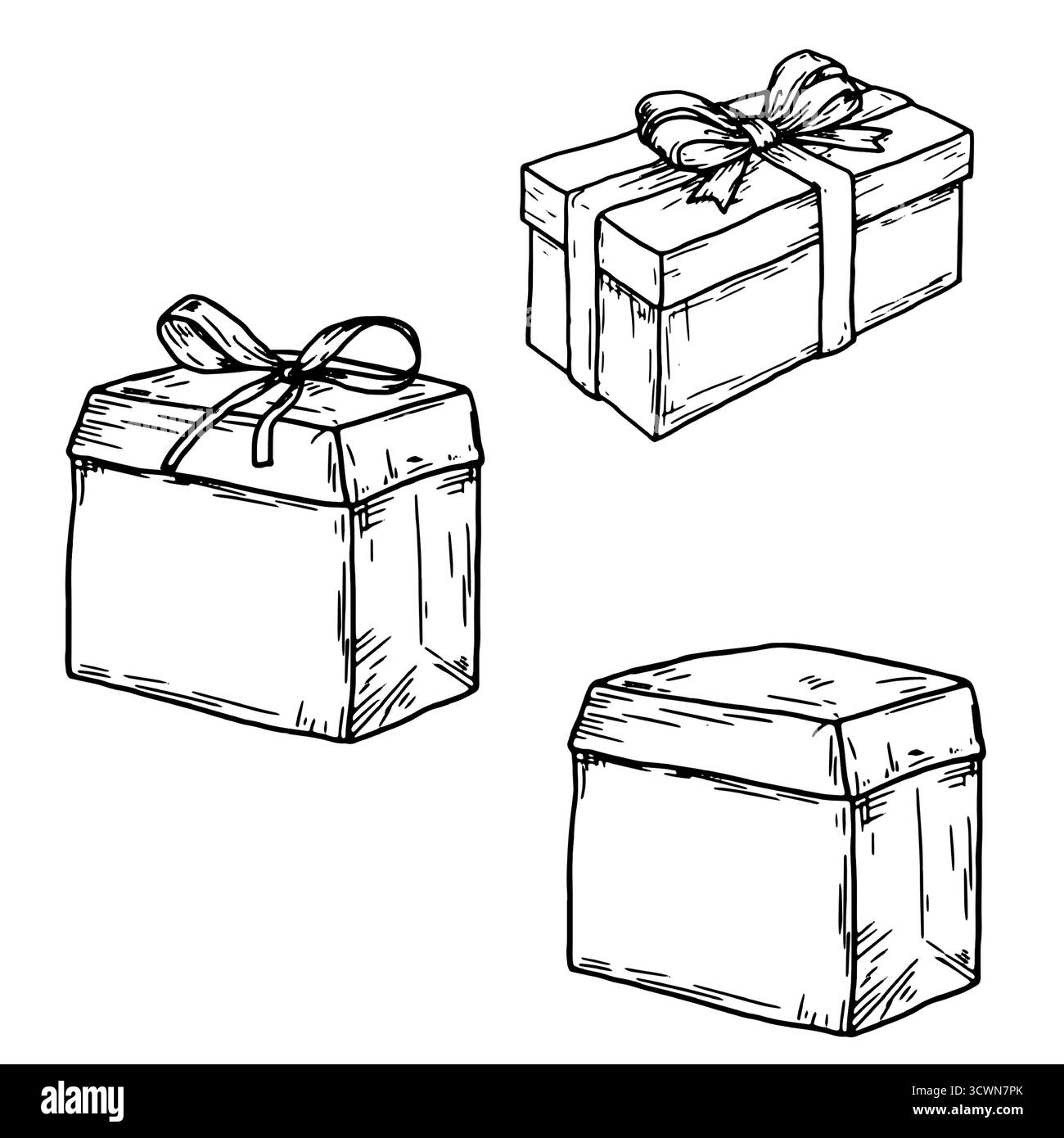 Confezioni regalo con fiocco di forme diverse, bozzetto bianco e nero. Illustrazione vettoriale. Una serie di pacchetti vacanza, isolati su uno sfondo bianco. Bir Illustrazione Vettoriale