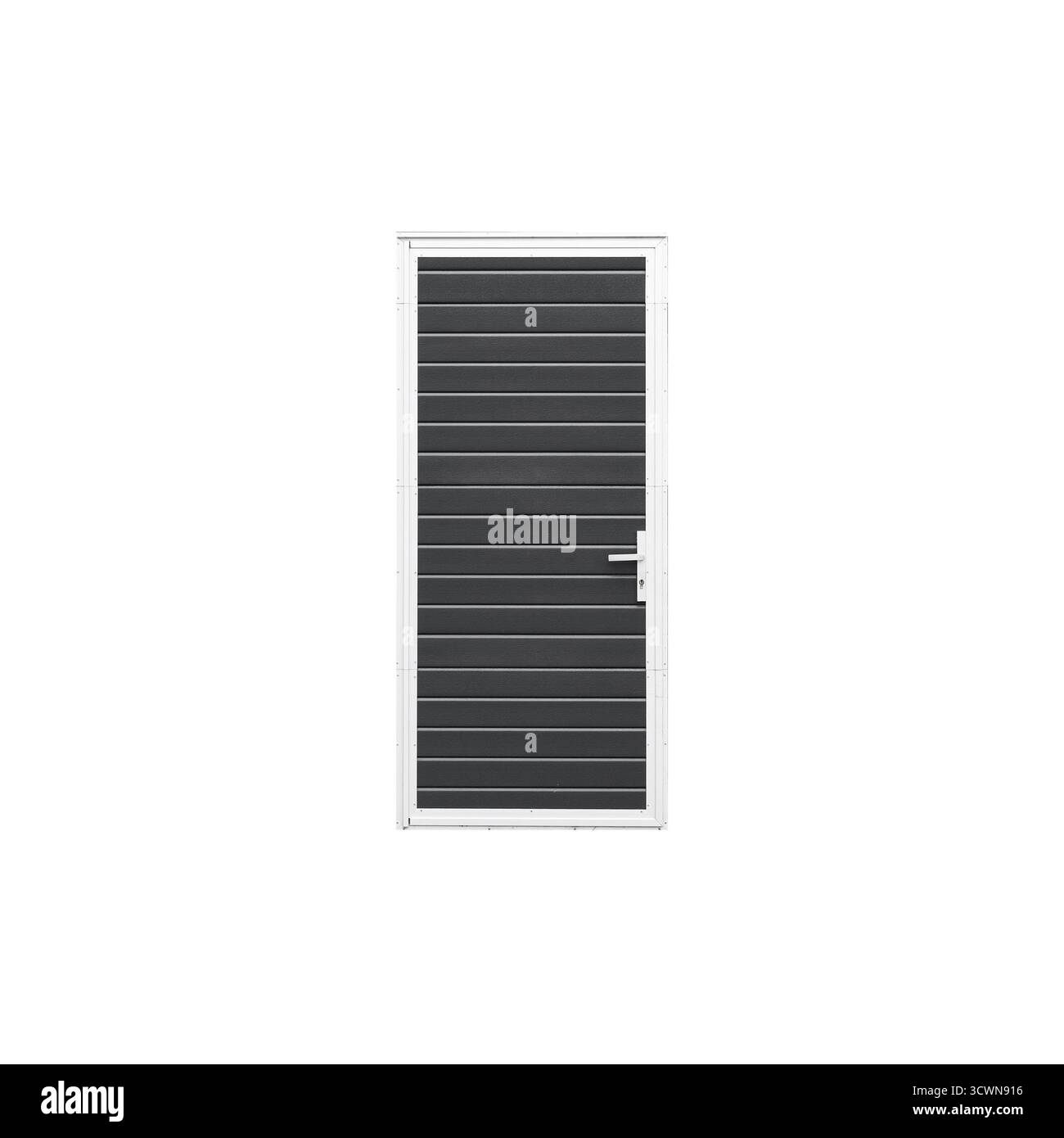Porta del garage in metallo grigio scuro isolata su bianco. Texture foto di sfondo, vista frontale Foto Stock