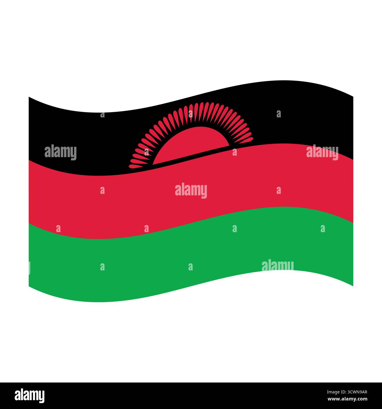 Bandiera del Malawi ondulata con simbolo del sole in aumento Illustrazione Vettoriale