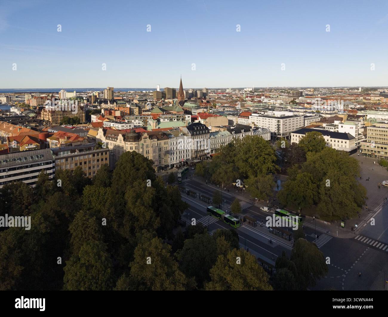 Vista aerea dello skyline della città con la guglia della chiesa di San Pietro che punteggiano l'orizzonte e lussureggianti alberi verdi che costeggiano Gustav Adolfs torg, Malmo, Svezia. Foto Stock