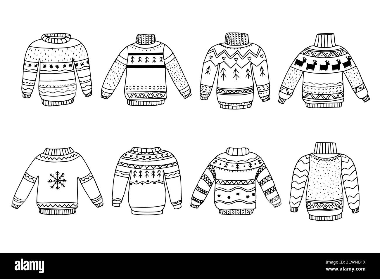Set di scarabocchi disegnati a mano di maglioni, pullover e maglioni natalizi in stile art-line, perfetti per il design di abbigliamento natalizio, le carte natalizie e il resto Illustrazione Vettoriale