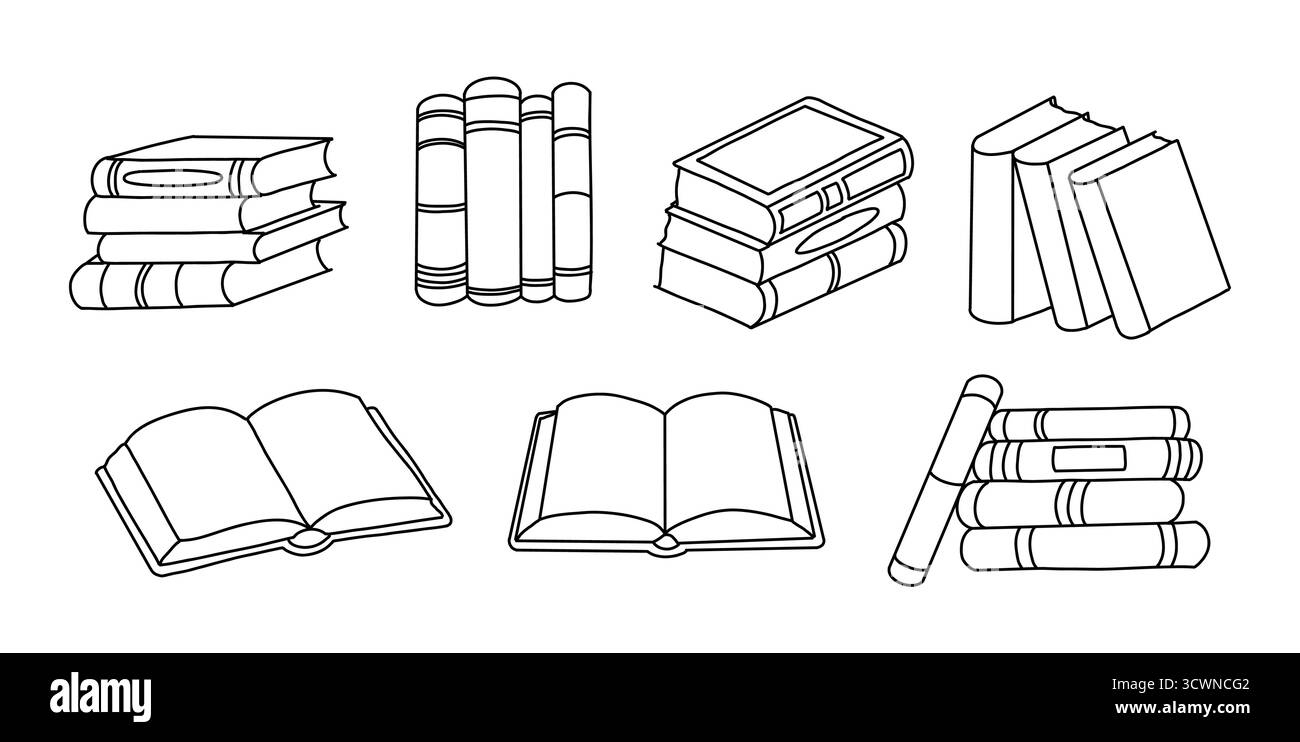 Set di libri disegnati a mano e illustrazioni a libro aperto. Collezione di schizzi perfetta per l'istruzione, la biblioteca, i materiali di studio, i poster e scho Illustrazione Vettoriale