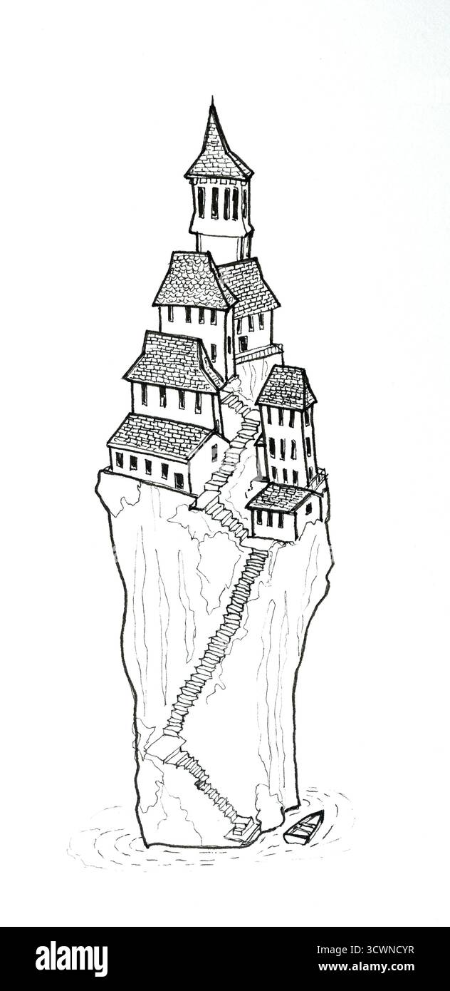 Disegno della linea d'inchiostro del piccolo Fantasy Village sulla cima della scogliera Foto Stock