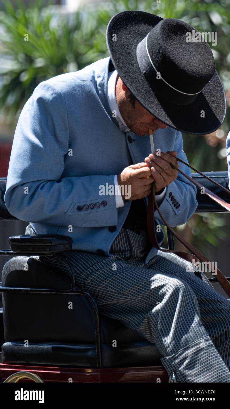 Siviglia, Spagna - 23 apr 23: Un uomo in abito tradizionale che regola le cinghie di pelle seduto in carrozza, con un cappello a tesa larga, con palma tre Foto Stock