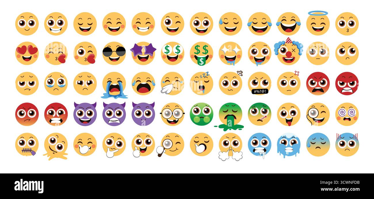 Set clipart icona emoji. Giallo emoji personaggio clip art come Happy, ridendo, mi piaci, bocca dei soldi, pianto, frustrato, arrabbiato, freddo, umore spento, labbra Illustrazione Vettoriale