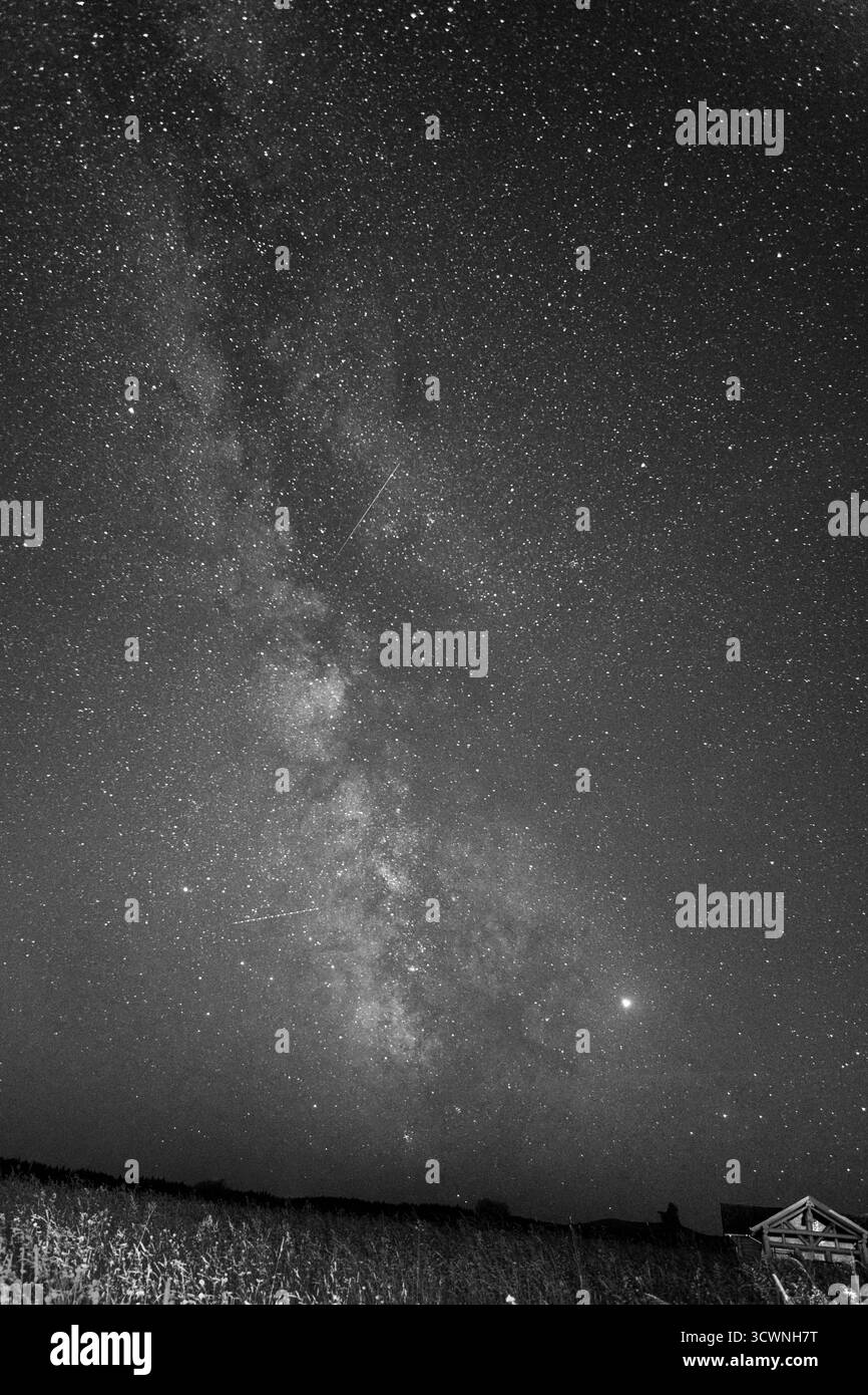 Via Lattea monocromatica con percorsi meteorici sopra il campo di campagna Foto Stock