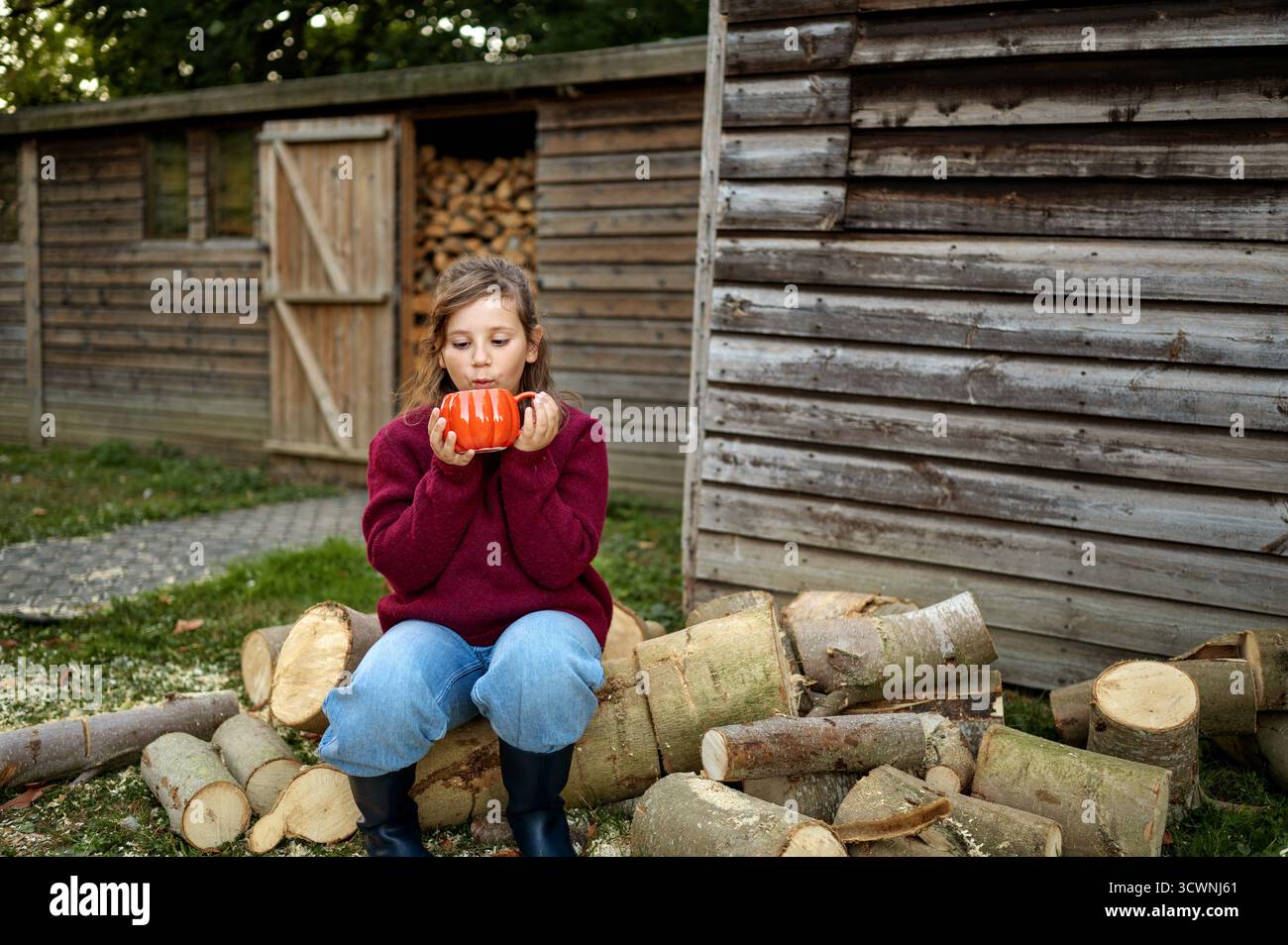 Bambina seduta sulla legna da ardere e che soffia una bevanda calda nella tazza arancione. Foto Stock