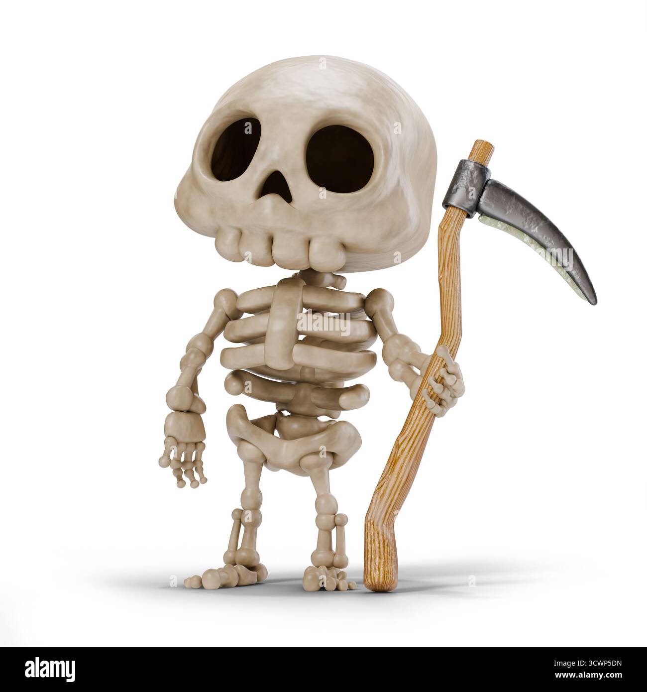 Scheletro carino con illustrazione di rendering 3D scythe isolata su sfondo bianco Foto Stock