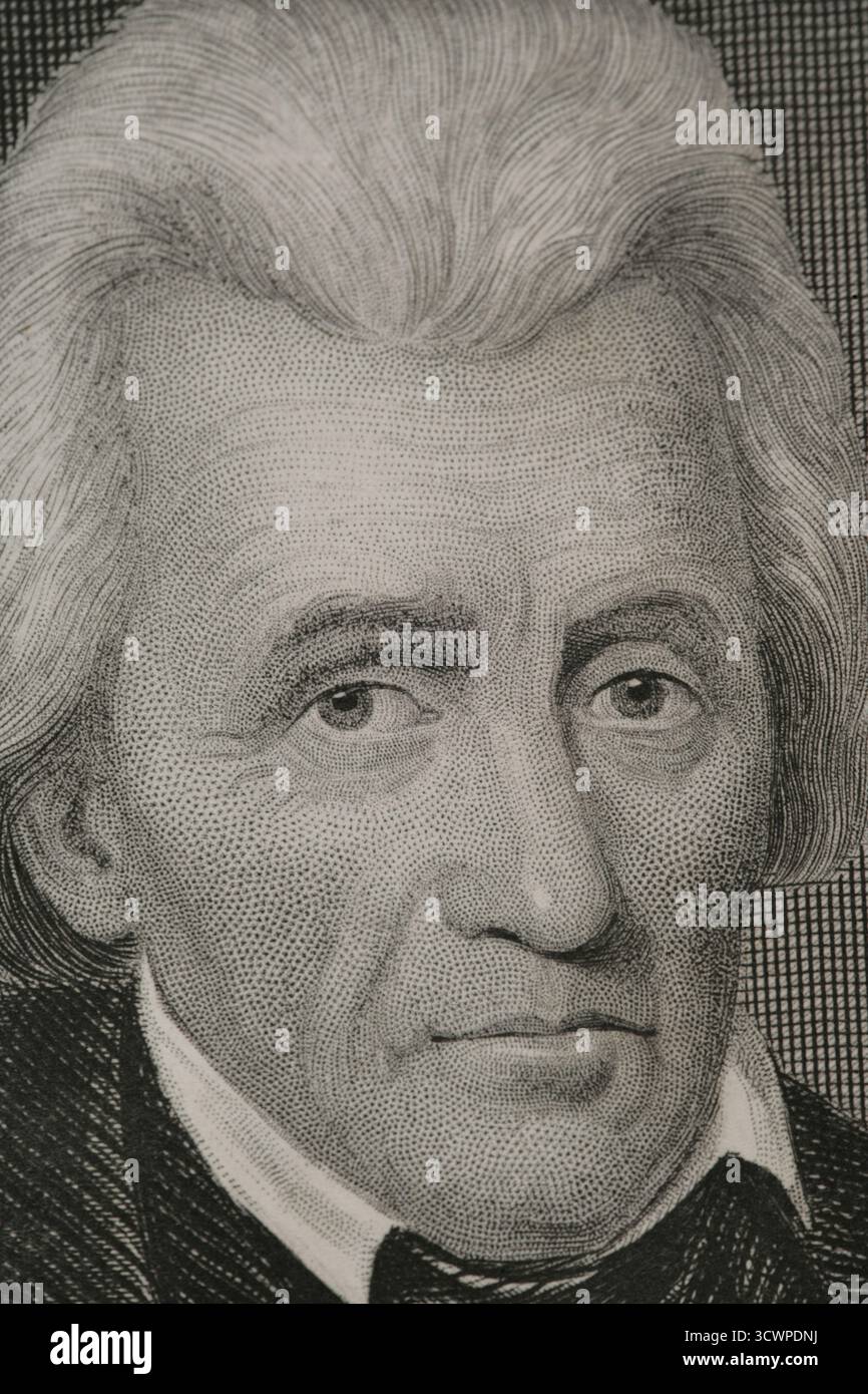Andrew Jackson (1767-1845). Generale e statista americano. Settimo Presidente degli Stati Uniti d'America (1829-1837). Verticale. Incisione di W. Joseph Edwards (fl. 1840-1863) dopo John W. Dodge (1807-1893). Dettagli. Storia degli Stati Uniti, di J. A. Spencer. Volume III. Edizione pubblicata a Barcellona, 1873. Foto Stock