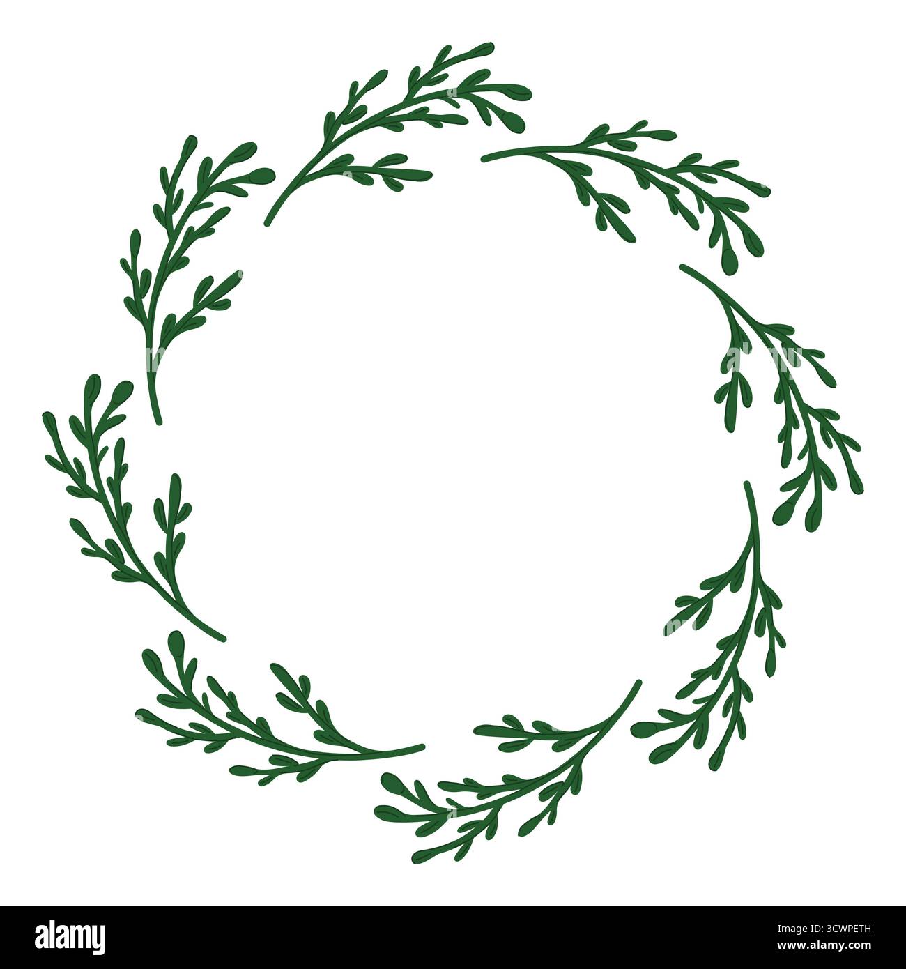 Telaio circolare con ramo botanico verde in cerchio su sfondo bianco in stile piatto. Spazio centrale vuoto per il testo o l'elemento di disegno. Illustrazione Vettoriale