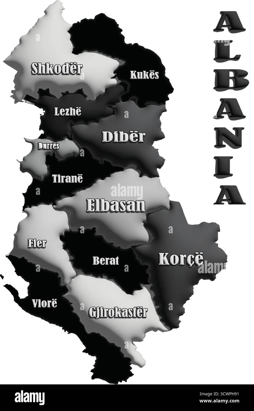 Mappa dell'Albania – illustrazione vettoriale monocromatica 3D della struttura del paese per la geografia, i viaggi e l'istruzione Illustrazione Vettoriale