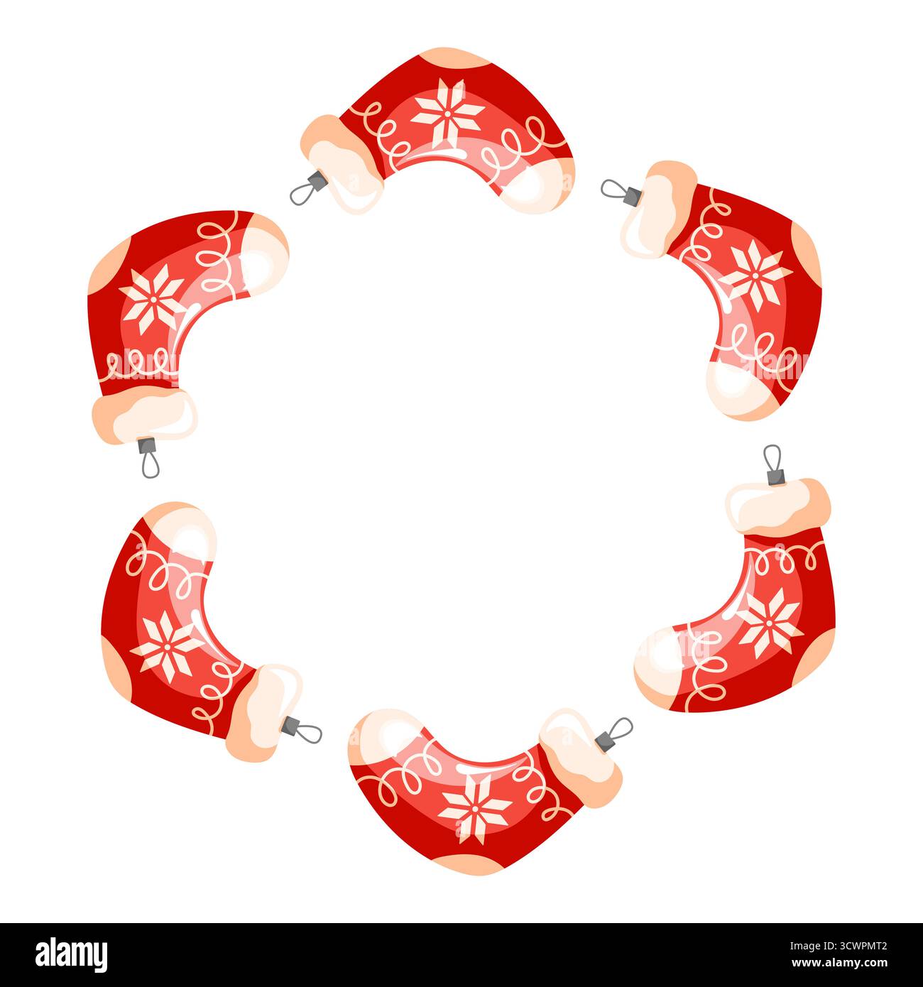 Calzino da regalo per un giocattolo per alberi ornamentali di Natale disposto con motivo circolare a corona su sfondo bianco in stile cartoni animati. Illustrazione Vettoriale