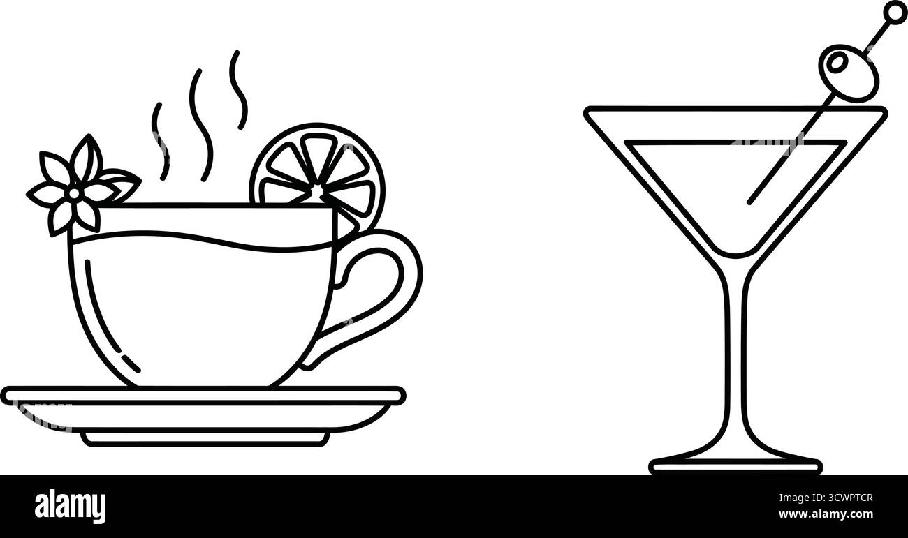 Contorno minimalista di una tazza di tè e un bicchiere di martini per un concetto di bevanda Illustrazione Vettoriale