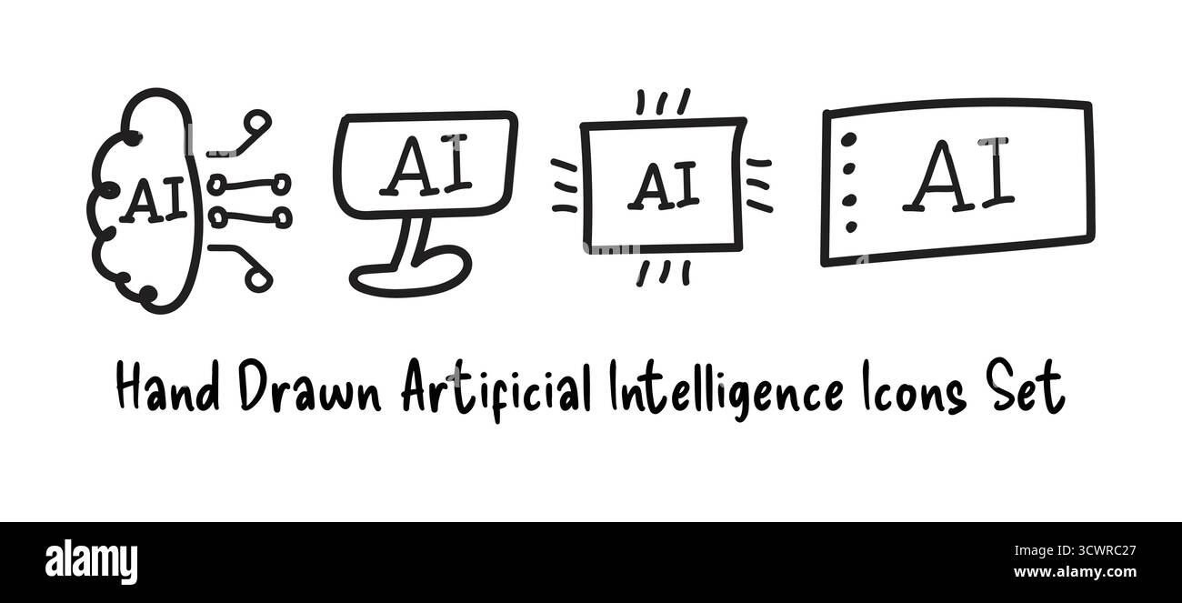 Icone di intelligenza artificiale disegnate a mano Imposta l'illustrazione vettoriale Illustrazione Vettoriale